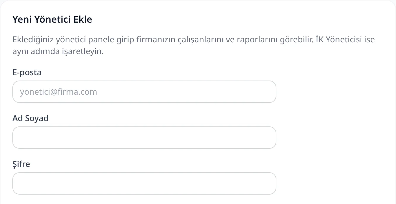 QD yönetici tanımlama formu: e-posta, ad soyad ve şifre alanlarıyla yeni firma yöneticisi ekleme